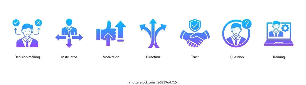 Ilustração vetorial do ícone do banner da Web de desenvolvimento de carreira com tomada de decisão, instrutor, motivação, direção, confiança, pergunta e treinamento para o sucesso no local de trabalho.