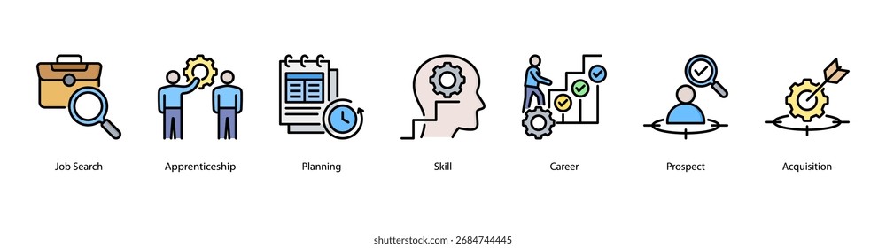 Ilustração vetorial do ícone do banner da Web de Desenvolvimento de Carreira com Pesquisa de Cargo, Aprendizagem, Planejamento, Habilidade, Carreira, Cliente Potencial e Aquisição.