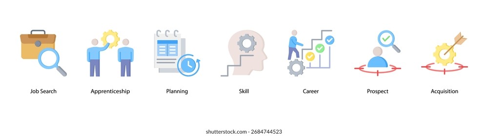 Ilustração vetorial do ícone do banner da Web de Desenvolvimento de Carreira com Pesquisa de Cargo, Aprendizagem, Planejamento, Habilidade, Carreira, Cliente Potencial e Aquisição.
