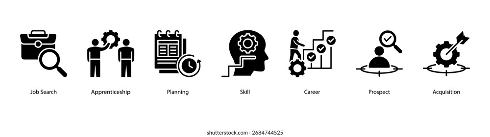 Ilustração vetorial do ícone do banner da Web de Desenvolvimento de Carreira com Pesquisa de Cargo, Aprendizagem, Planejamento, Habilidade, Carreira, Cliente Potencial e Aquisição.