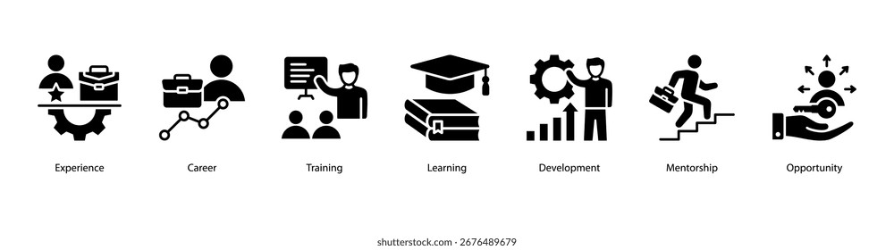 Ilustração do banner da Web de desenvolvimento de carreira com experiência, carreira, treinamento, aprendizado, desenvolvimento, mentoria e oportunidade.