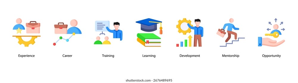 Webbanner-Illustration für Karriereentwicklung mit Erfahrung, Karriere, Ausbildung, Lernen, Entwicklung, Mentorschaft und Chancen.