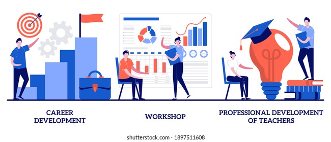 Career Development, Workshop, Professional Development Of Teachers With Tiny People. New Skills Gain Abstract Vector Illustration Set. Conference And Seminar, Career Change, Job Success Metaphor.