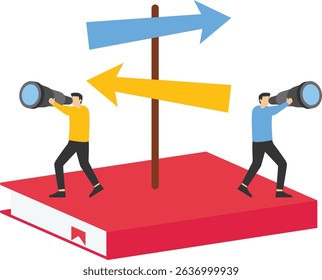 Career direction after graduation, education and employment issues, employment rate and unemployment rate, signposts with graduation caps and confused and helpless graduates stock illustration

