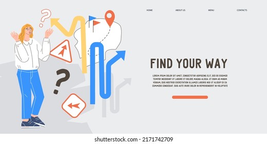 Career direction and path choice, business challenges and career strategy concept for website or landing page where a young woman makes her choice and contemplates the way forward to success.