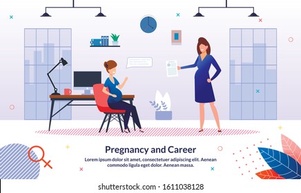 Career During Pregnancy Trendy Flat Vector Banner, Poster Template. Pregnant Women Talking with Colleague, Businesswomen, Female Employees or Entrepreneurs Meeting in Company Office Illustration