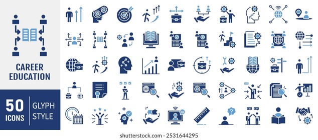 Coleção de ícones de Educação de Carreira. Contendo desenvolvimento de habilidades, treinamento vocacional, percursos educacionais, crescimento profissional e ícone de orientação. Vetor plano simples.