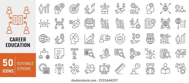 Icono de Educación de carrera colección. Contiene el desarrollo de habilidades, la formación profesional, los itinerarios educativos, el crecimiento profesional y el icono de orientación. Vector de línea simple.