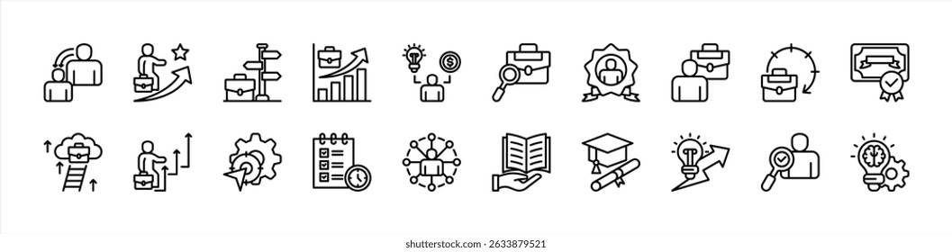 Career Education icon collection set. Containing skill development, educational pathways, vocational training, job readiness, professional growth, acquisition, guidance icon. Simple line vector.