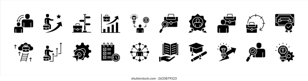 Conjunto de coleção de ícones de Formação Profissional. Contendo desenvolvimento de habilidades, percursos educacionais, treinamento vocacional, prontidão para trabalho, crescimento profissional, aquisição, ícone de orientação. Vetor plano simples.