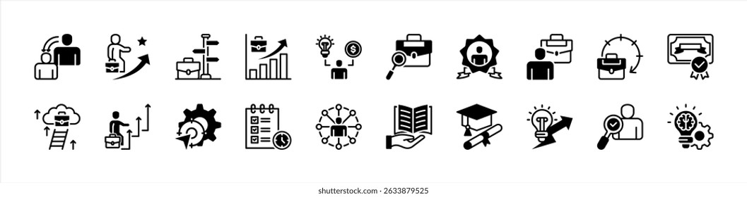 Conjunto de coleção de ícones de Formação Profissional. Contendo desenvolvimento de habilidades, percursos educacionais, treinamento vocacional, prontidão para trabalho, crescimento profissional, aquisição, ícone de orientação. Vetor plano simples.