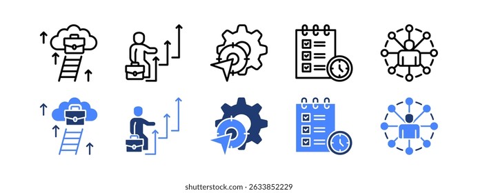 Career Education icon set with Career Advancement, Career, Acquisition, Planning, Networking.