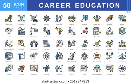 Career Education icon set featuring icons for job search, skill development, mentorship, training, and professional growth. Ideal for career planning, education, and workforce development projects.