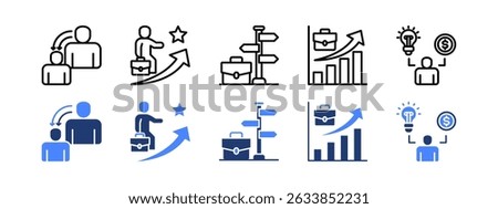 Career Education icon set with Mentorship, Career Goals, Career Option, Job Market, Entrepreneurship.