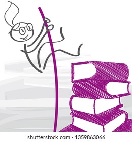 career and education - young girl is jumping over a stack of books. Vector illustration conceot