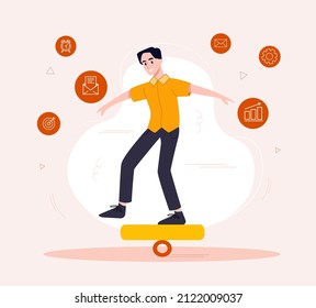 Career experience concept. Man balances on unstable board. Icons with different skills. Employee, analyst, manager. Time management, responsibility, diligence. Cartoon flat vector illustration