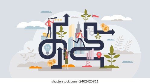 Career exploration for new professional opportunities tiny person concept. Successful businessman strategy and planning process with future obstacles, solutions and vision vector illustration.