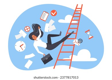 Career failure, fall accident of woman vector illustration. Cartoon female employee character climbing stairs and falling along with clock, business documents from office workplace, loses job