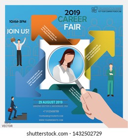 Career Fair Flyer Or Poster With Infographics Elements. Job Offer Vector Design With Business People Isolated On Blue. Successful Woman As A Symbol Of A Chosen One By The Recruiter. HR Job Seeking Con