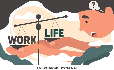 Career or family abstract concept. Businessman trying to balance his work Time and Home Life on a scale holding his hands beneath the pans trying to attain equilibrium, colored vector illustration