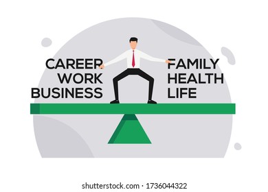 Career and Family balance vector concept: Businessman balancing  between work and life
