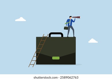 Career future, businessman climb up on briefcase see through binoculars.