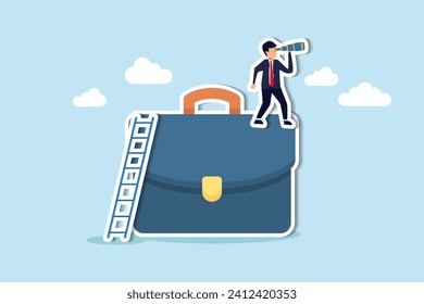 Career future, hope for work success or search for career path, ambition to find work opportunity, job promotion or business strategy concept, businessman climb up on briefcase see through binoculars.