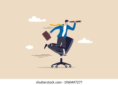 Career future, new job opportunity or visionary to success in work concept, businessman riding office chair using telescope to see future and the way forward.