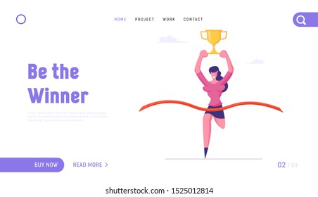 Career Goal Achievement Business Success Website Landing Page. Businesswoman Crossing Finish Line with Red Ribbon Holding Gold Trophy Cup above Head Web Page Banner. Cartoon Flat Vector Illustration