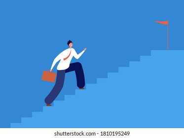 Career goal. Man running stairs, successful path in business. Run up staircase, manager going to target step by step vector illustration