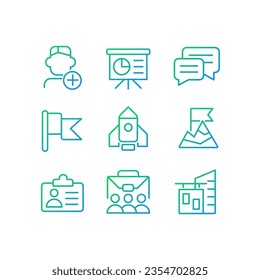 Juego de iconos vectoriales lineales de gradiente perfecto para píxeles con objetivos profesionales. Formación de empleados. Edificio de oficinas. Recursos humanos. El símbolo de contorno delgado diseña el paquete. Colección de ilustraciones de esquema aisladas