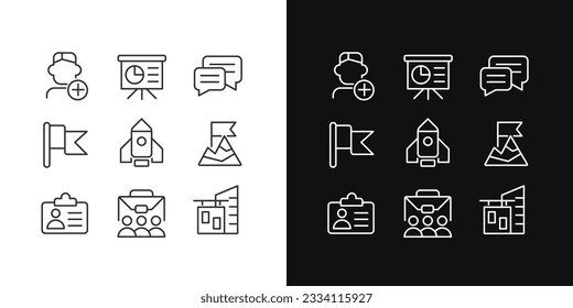 Career goals pixel perfect linear icons set for dark, light mode. Employee training. Personnel. Human resources. Thin line symbols for night, day theme. Isolated illustrations. Editable stroke