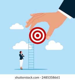 Career growing progress business manager, successful target. Woman walk ladder. Flat vector illustration