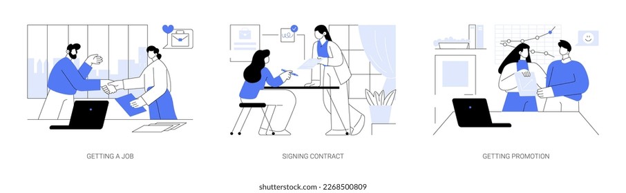 Career growth abstract concept vector illustration set. Getting a job, employee signing new job contract, getting promotion, headhunting agency, pursue career, staffing plan abstract metaphor.