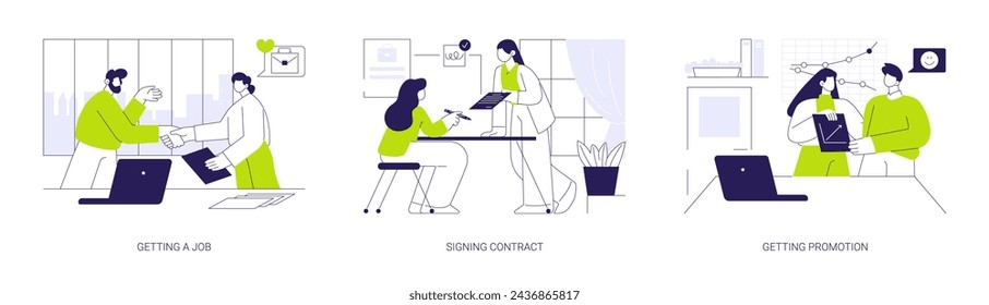 Career growth abstract concept vector illustration set. Getting a job, employee signing new job contract, getting promotion, headhunting agency, pursue career, staffing plan abstract metaphor.