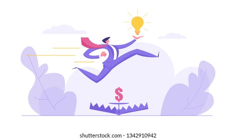 Career Growth, Ambition Business Concept with Businessman Character Jumping over Money in Bear Trap Holding Idea Lightbulb. Banner with Creative Man for Website, Web Page. Flat Vector Illustration