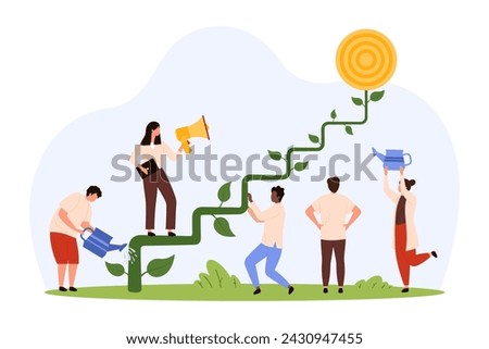 Career growth of ambitious entrepreneur, progress in goal challenge, support from colleagues. Tiny people growing green ladder, woman with megaphone climbing up steps cartoon vector illustration