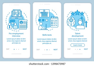 Career growth baby blue onboarding mobile app page screen vector template. Employment test. Job interview walkthrough website steps with linear illustrations. UX, UI, GUI smartphone interface concept