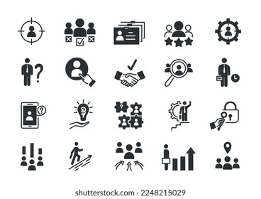 Juego negro de crecimiento profesional. Colección de íconos minimalistas para el sitio web. Motivación y ambición, idea, emprendimiento y negocios. Ilustraciones de caricaturas de vectores planos aisladas en fondo blanco