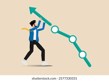 Career growth or business achievement, businessman carrying arrow to make stock rising boom graph and chart, stock market rising up from economic recovery concept.