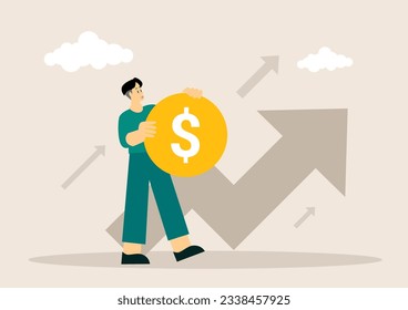 Career growth or business achievement, stock market rising up from economic recovery concept, businessman carrying arrow to make stock rising boom graph and chart.