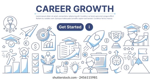 Career growth, business and education icons composition. Infographics elements with symbols of upskill, career ladder, goal achievement. Modern line vector design for web, banner, poster, landing page