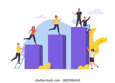 Career growth, Business goal achievement concept. Character climbing on ascending chart. Vector illustration flat style