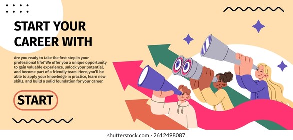 Career growth in business. Recruitment landing page. Students search job. Future work. Way arrow of choice. People looking through binoculars. Successful HR agency website design. Vector background