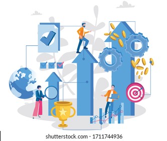 Career growth, businessman  going upstairs to the  top, job achievement, work progress. Vector illustration for web banner, infographics, mobile. 