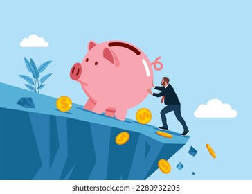 Career growth. Businessman pushing consistency pink piggy bank up hill with full effort. Modern vector illustration in flat style