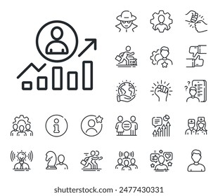 Career Growth chart sign. Specialist, doctor and job competition outline icons. Business results line icon. Career ladder line sign. Avatar placeholder, spy headshot icon. Strike leader. Vector