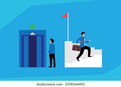 Career Growth Choices — Elevator vs. Stairway to Success Business flat vector illustrations