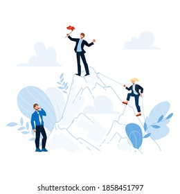 Career Growth From Clerk To Leader Chief Vector. Worker Manager, Climbing Woman And Boss On Mountain Peak With Flag, Career Growing Process. Characters Businesspeople Flat Cartoon Illustration