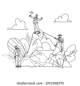 Career Growth From Clerk To Leader Chief Black Line Pencil Drawing Vector. Worker Manager, Climbing Woman And Boss On Mountain Peak With Flag, Career Growing Process. Characters Businesspeople 
